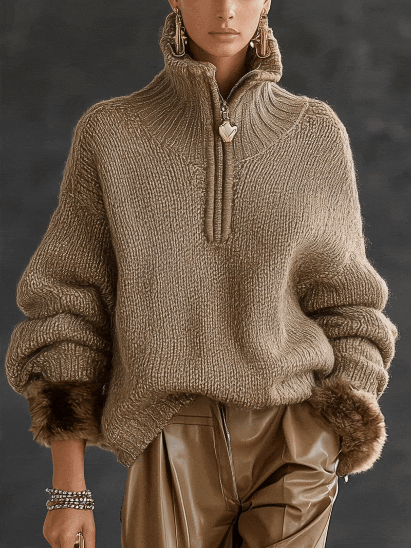 Mocha Half Zip High Collar Knit Pullover Sweater